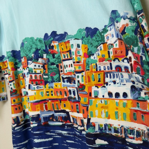 Jones‎ New York Women Novelty Top Large Blue Split Neck Greece Rivier 3/4 Sleeve - Picture 7 of 9